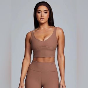 Meshki Jolie Sean Detail Longline Ribbed Crop Top Sports Bra Mocha